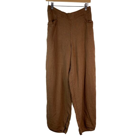 FLAX Women's Size S Brown 100% Linen Wide Leg Elastic Waist Pull On Pants - Picture 1 of 7